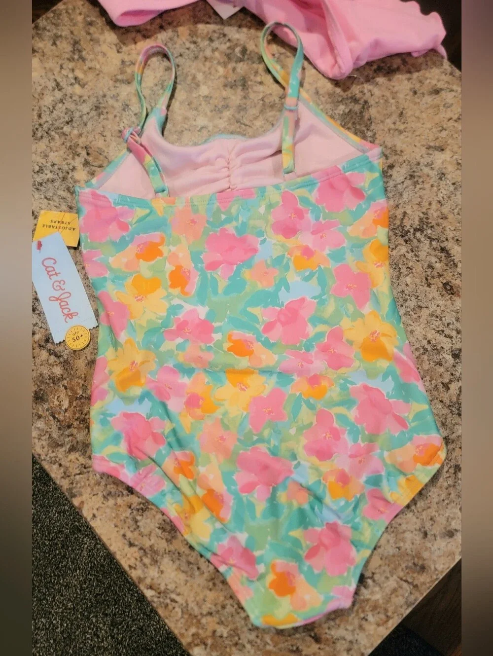 Cat & Jack Girls' Set Floral Printed 1 Piece Swimsuit & 1 Cover Up Skirt. Sz S